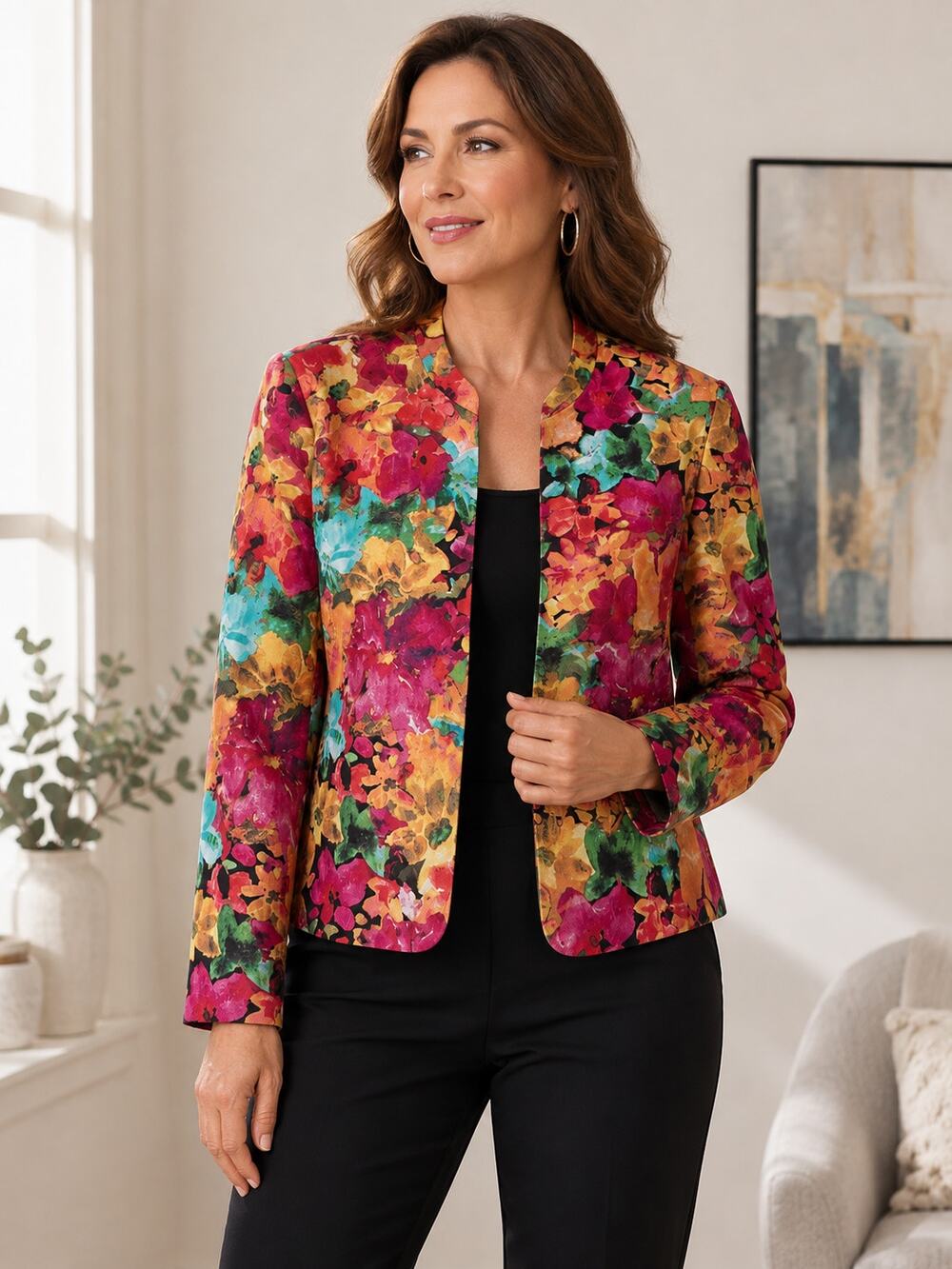 Kasper Separates Floral Blazer Jacket Size 8 Colorful Open Front Career Office
